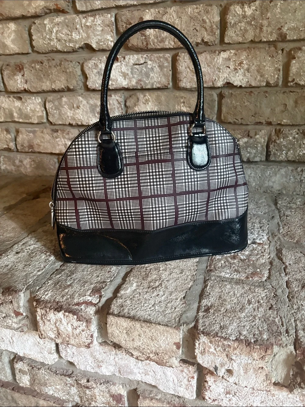 Coach Black Patent and Brown Plaid Dome Satchel